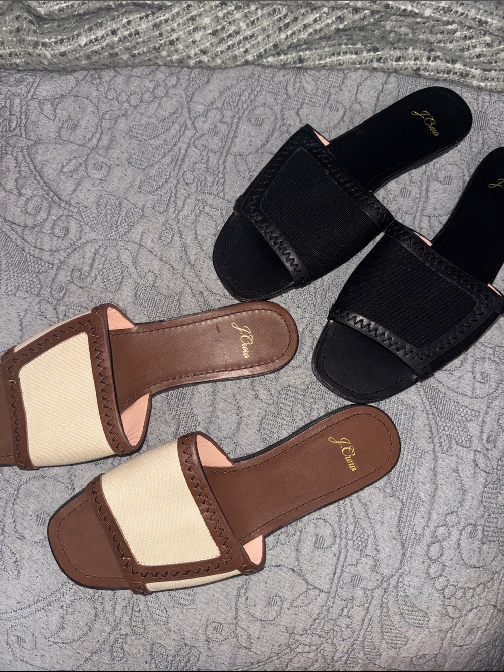 Bundle of 2 J. Crew Framed Slide Sandals Black Brown Tan 10 Canvas Leather